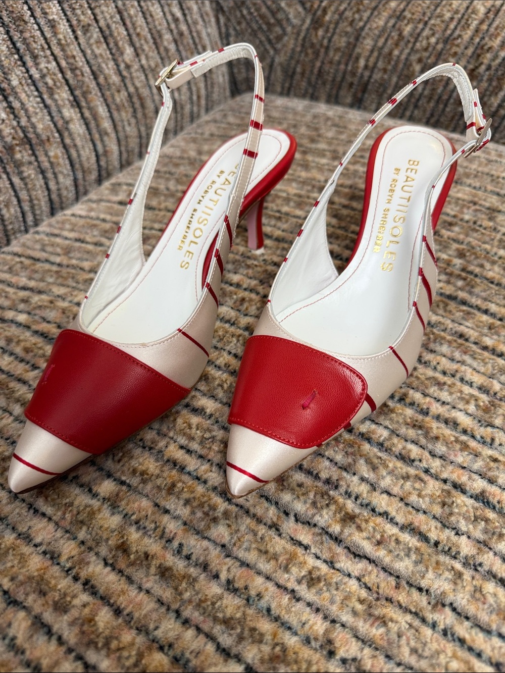 BeautiSoles Red and Cream Pointed Slingback Heels size 7.5